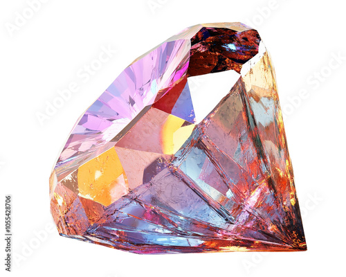 stunning, multi faceted gemstone with vibrant colors reflecting light beautifully. intricate cuts create dazzling display of hues, showcasing its brilliance and elegance photo