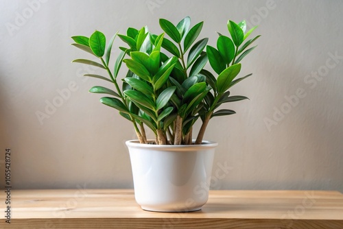 A low-maintenance ZZ plant sits in a compact ceramic pot, its glossy leaves reflecting the surrounding shelves, indoor plants, home storage, succulents photo