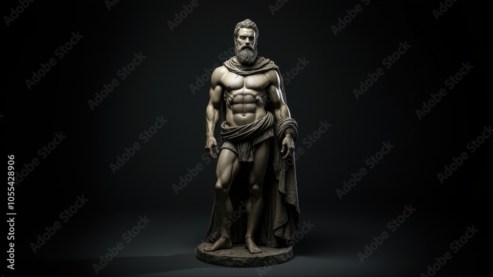 Sculpted male figure with a muscular physique and cloak, presented with a banner stoic background, evoking classical strength and composure. Sculpted male figure with a muscular physique and cloak, presented with a banner stoic background, evoking classical strength and composure.