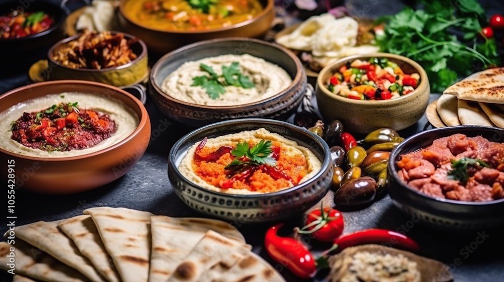 A selection of Middle Eastern dips and spreads, including hummus, baba ghanoush, muhammara, and olives, served with pita bread. A selection of Middle Eastern dips and spreads, including hummus, baba ghanoush, muhammara, and olives, served with pita bread.