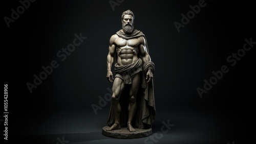 Sculpted male figure with a muscular physique and cloak, presented with a banner stoic background, evoking classical strength and composure.