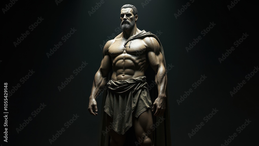 Statuesque male form in a dynamic pose, draped with a cloak, set against a banner stoic background, symbolizing power and calm. Statuesque male form in a dynamic pose, draped with a cloak, set against a banner stoic background, symbolizing power and calm.