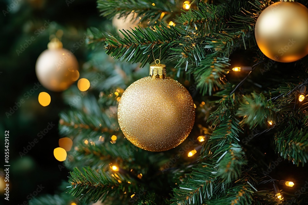 Golden bauble on festive tree with lights Golden bauble on festive tree with lights