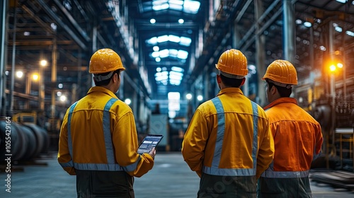 Industrial Engineers in Safety Gear Analyzing Production Line in Modern Manufacturing Facility