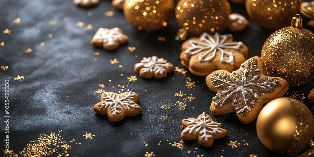 Golden Christmas cookies and baubles on dark surface