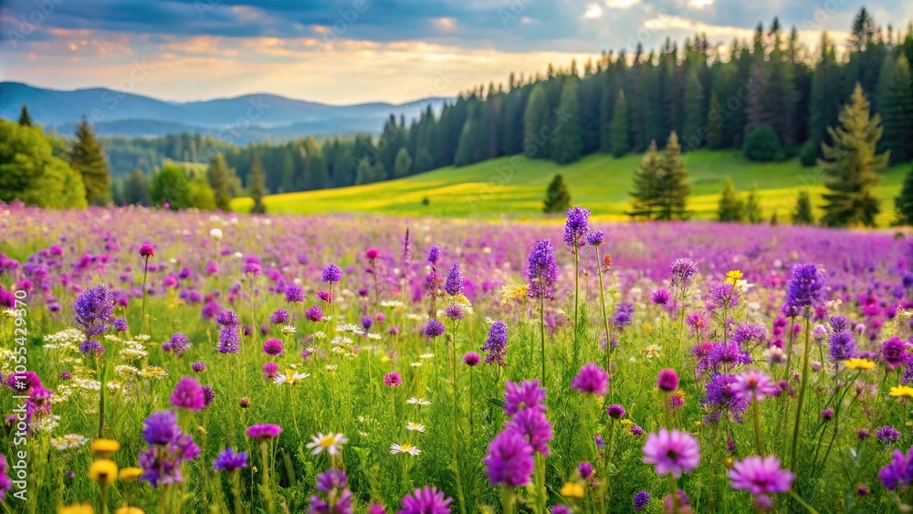 Obraz premium A lush meadow filled with a variety of purple wildflowers swaying gently in the breeze, colorful, field of flowers, botanical, natural, floral arrangement