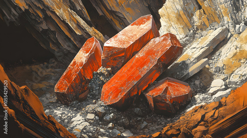 Enchanting Illustration of Crocoite in Geological Setting Surrounded by Vibrant Colors and Detailed Earth Layers photo