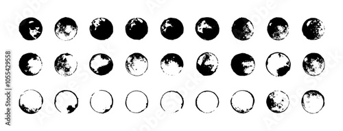 Black ink circular shapes kit. Vector coffee stain rings. Black coffee ring collection. Grungy eroded polka dot pattern with tiny small messy round rubber stamps. Emblem, punk logo graphic elements