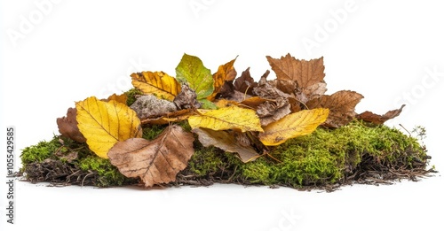 Moss on rotten tree stump with autumn yellow leaves isolated on white background