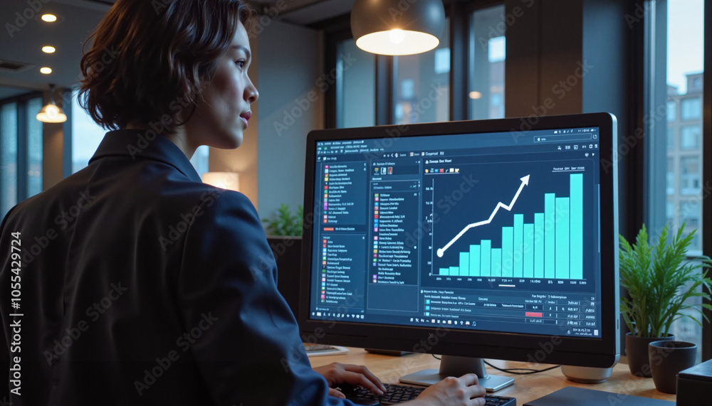 Woman analyzing business growth data on large monitor. Woman analyzing business growth data on large monitor.