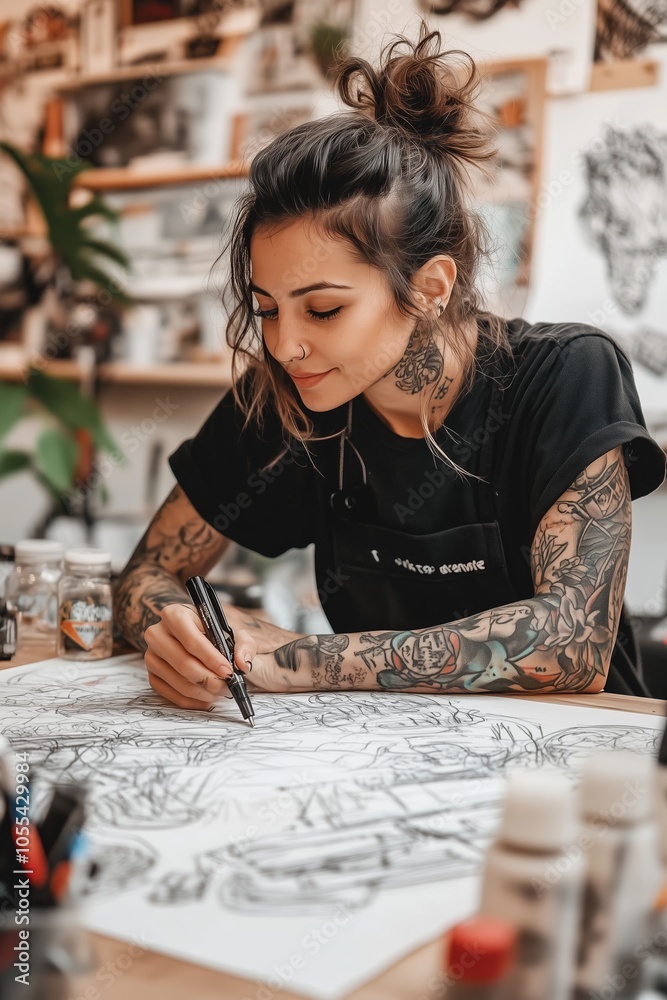 Fototapeta premium Creating detailed artwork in a vibrant studio with a skilled tattoo artist at work