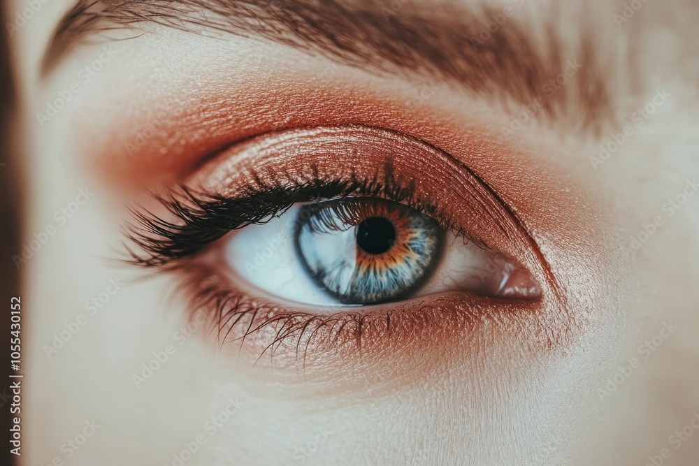 Obraz premium An elegant woman's face with bright red eyeshadow. Fashion Celebrate Makeup, Glowy Clean Skin, Perfect Shaped Brows.