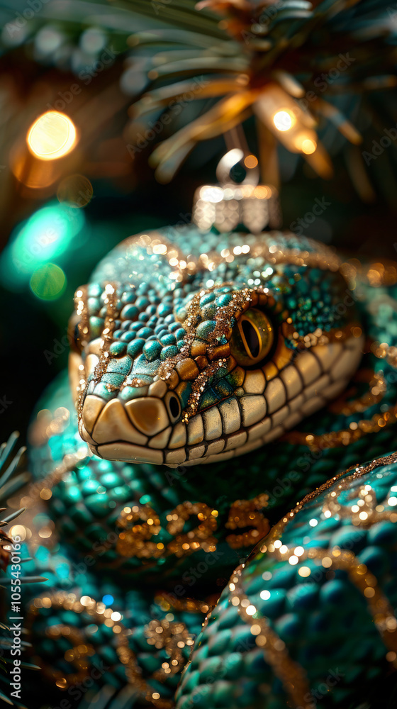 close-up of snake head, Christmas tree decoration toy, with green and gold scales, with New Year's decor, glitter and tinsel, copy space, vertical, close-up of snake head, Christmas tree decoration toy, with green and gold scales, with New Year's decor, glitter and tinsel, copy space, vertical,