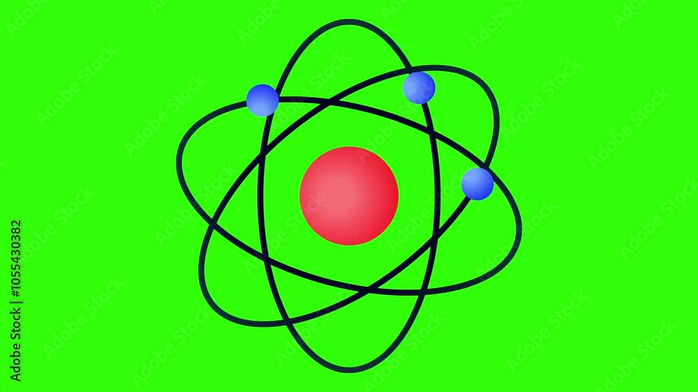 Looping 3d atom icon animation on a green screen background. Electrons revolve around the nucleus