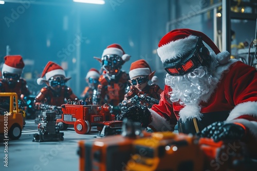 Santa and elves assembling toys in workshop