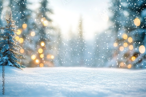 Snowy winter scene with sparkling lights and fir trees