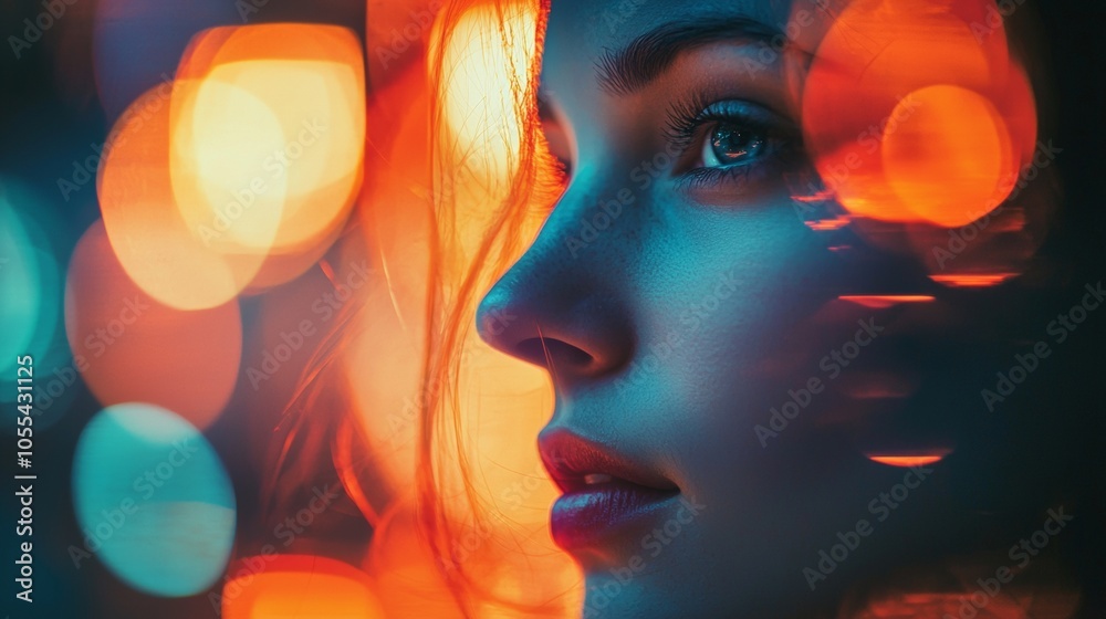 Close-up portrait of a woman's face with glowing bokeh lights Close-up portrait of a woman's face with glowing bokeh lights