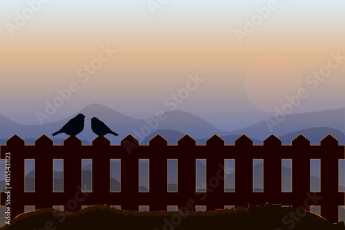 Birds sitting on fence in light of sunset background. Two birds silhouette on sunrise or evening hills view. Early morning golden light with pair of birds. Dawn and dusk landscape. Vector illustration