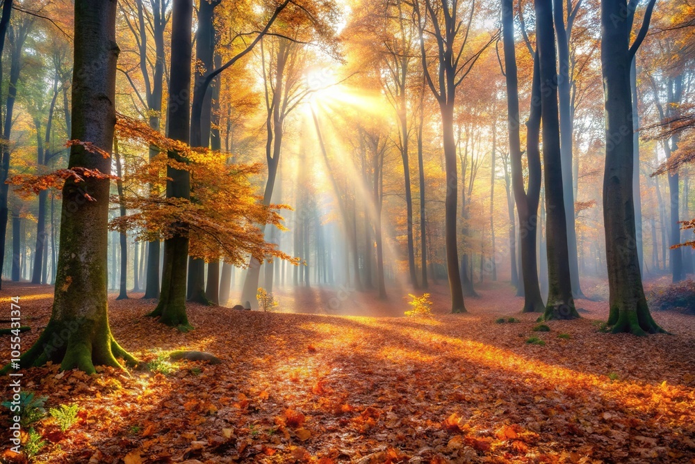 A misty morning with autumn leaves scattered on the forest floor, sunlight filtering through the trees creating a warm glow, foliage, nature, tree bark, outdoor, warm glow A misty morning with autumn leaves scattered on the forest floor, sunlight filtering through the trees creating a warm glow, foliage, nature, tree bark, outdoor, warm glow