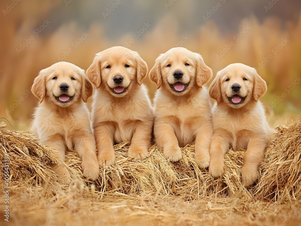 Happy Golden Retriever Puppies in Hay