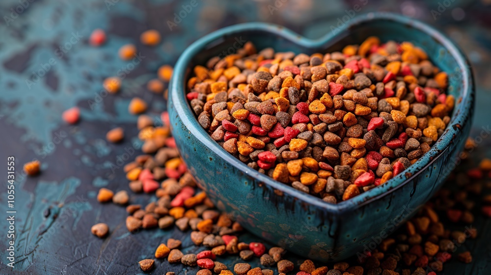 A heart-shaped bowl filled with colorful dry pet food on a blue background. A heart-shaped bowl filled with colorful dry pet food on a blue background.