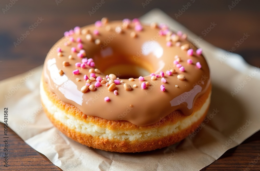 A large fresh donut with icing and sprinkles lies on paper on a wooden table, close-up. A large fresh donut with icing and sprinkles lies on paper on a wooden table, close-up.