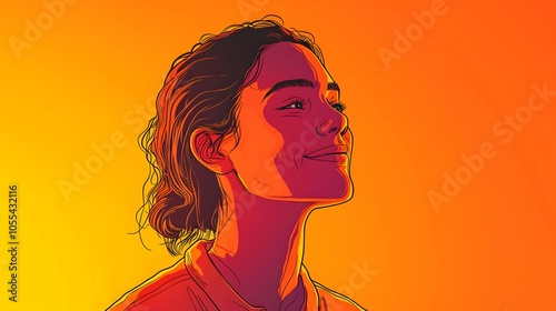 Happy Woman Looking Up at the Sky in Sunset. Illustration background for presentation 