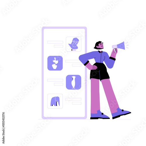 NFT Art Exhibition With Female Announcer In Flat Vector Illustration Symbolizing Digital Art Display, Blockchain, And Modern Auction, Isolated On White Background.