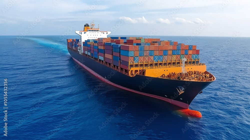 Fototapeta premium A large cargo ship carrying colorful shipping containers sails in the vast blue ocean under a clear sky, symbolizing global trade and logistics.