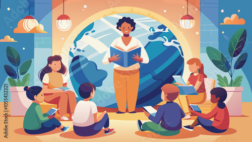 Diverse Children Enjoying Story Time with Teacher at Library