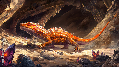 Enchanting Illustration of Crocoite in Geological Setting Surrounded by Vibrant Colors and Detailed Earth Layers photo