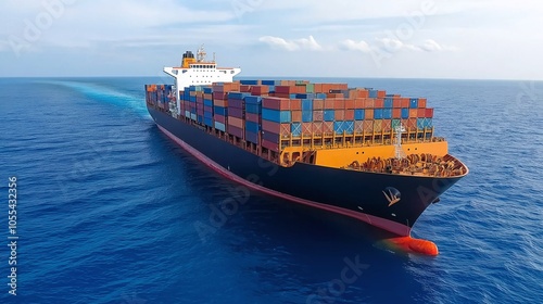 A large cargo ship carrying colorful shipping containers sails in the vast blue ocean under a clear sky, symbolizing global trade and logistics. photo