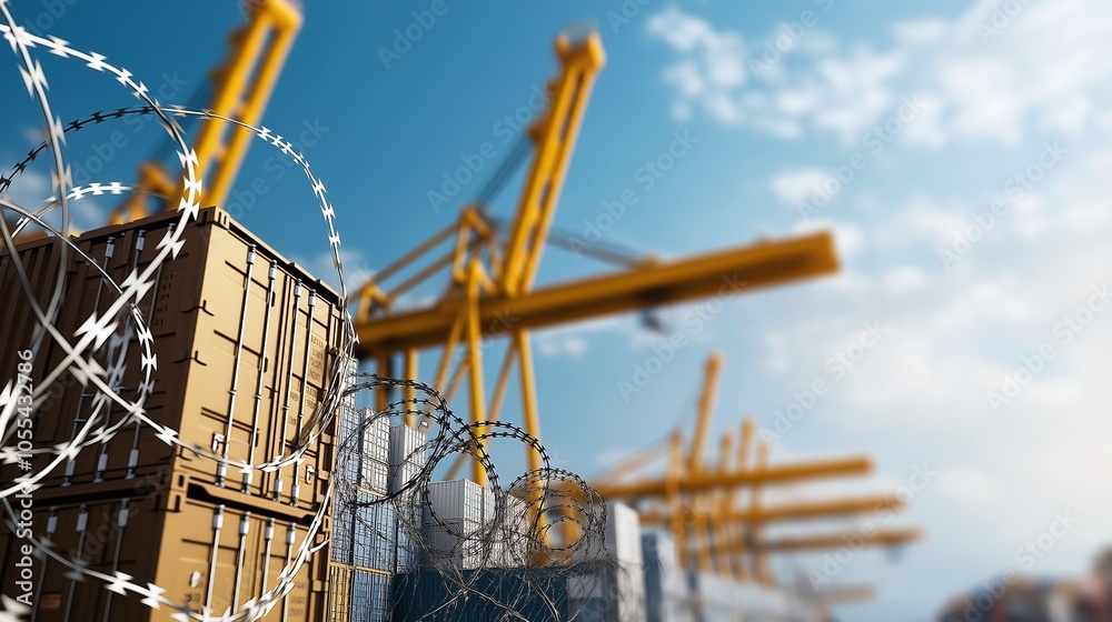 A secure shipping yard with barbed wire fences and containers, showcasing industrial logistics and cargo handling. A secure shipping yard with barbed wire fences and containers, showcasing industrial logistics and cargo handling.