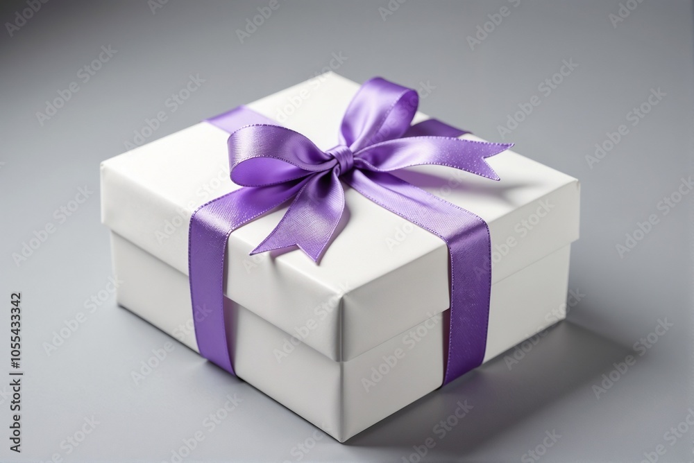 A white gift box with a purple ribbon and a lovely bow A white gift box with a purple ribbon and a lovely bow
