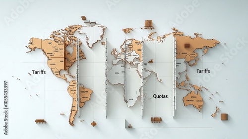 Obraz na płótnie Abstract world map art illustrating global trade dynamics with tariffs and quotas. Creative depiction of international commerce concepts. w salonie