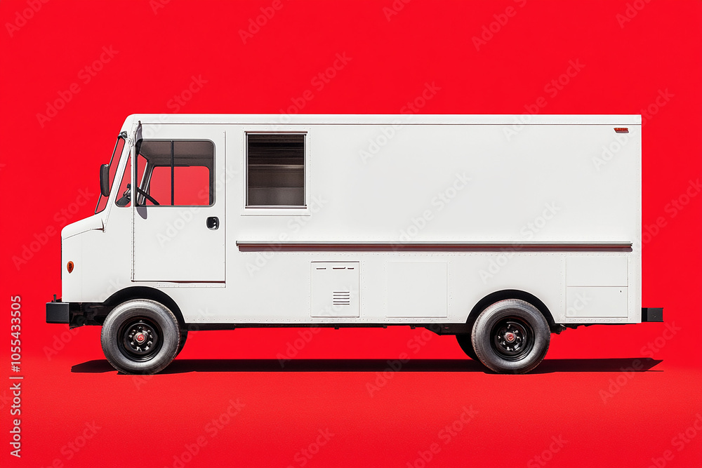 White food truck with blank side mock up on red background White food truck with blank side mock up on red background