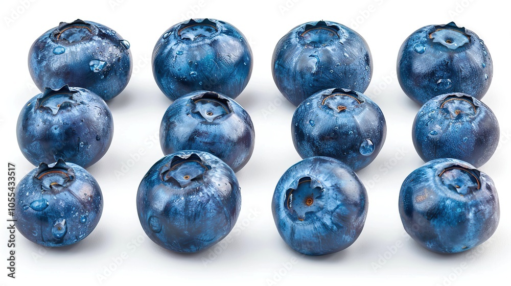 A group of 12 blueberries, arranged in a 4x3 grid, on a white background. A group of 12 blueberries, arranged in a 4x3 grid, on a white background.