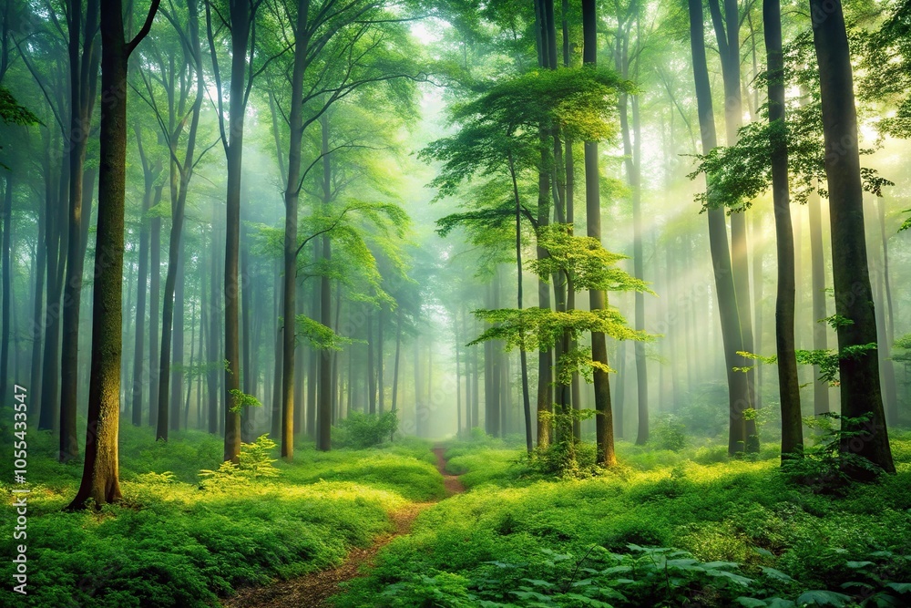 A serene forest landscape with a misty green atmosphere, featuring tall trees and lush foliage, creating an immersive outdoor experience, green landscape, leafy greens, environmental conservation