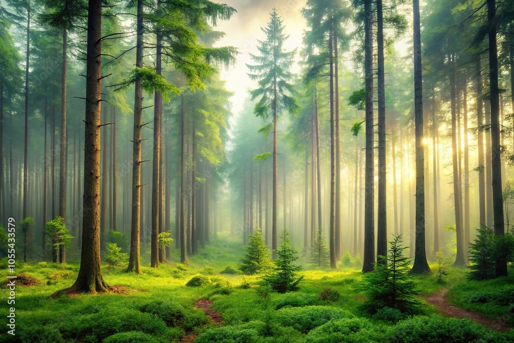 A serene forest landscape with tall trees and a misty atmosphere, featuring a mix of greenery and earthy tones, natural scenery, forest floor, tree branches, leafy, brown A serene forest landscape with tall trees and a misty atmosphere, featuring a mix of greenery and earthy tones, natural scenery, forest floor, tree branches, leafy, brown