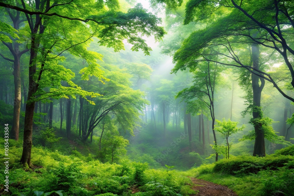 Fototapeta premium A serene forest landscape with a misty morning atmosphere and lush green foliage, verdant, forest
