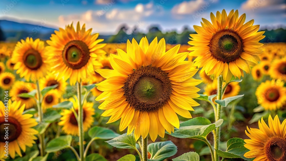 A stunning bouquet of sunflowers standing tall in a field with bright yellow petals and dark centers, centers, stunning, field A stunning bouquet of sunflowers standing tall in a field with bright yellow petals and dark centers, centers, stunning, field
