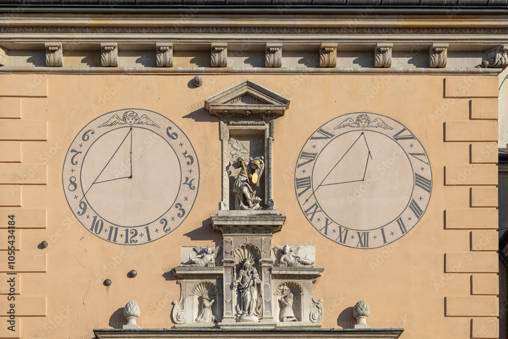 Facade of Jasna Gora Basilica with two sundials, Czestochowa, Poland