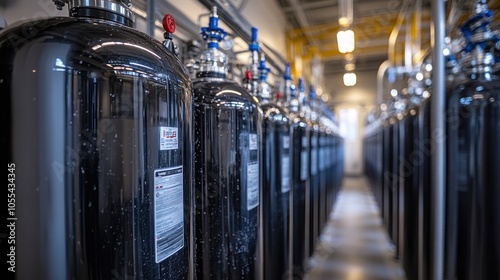 Row of Black Cylindrical Fire Suppression Systems in a Factory Setting