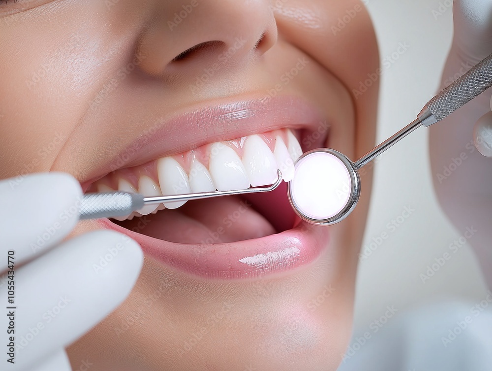 Close-up of a dental check-up with a dentist using mirror and tool on healthy, white teeth, highlighting oral hygiene and dental care.