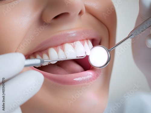 Obraz na płótnie Close-up of a dental check-up with a dentist using mirror and tool on healthy, white teeth, highlighting oral hygiene and dental care. w salonie