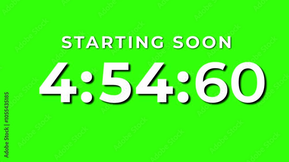 Starting soon Digital countdown, clock timer. 5 minute to zero second animation, isolated on green background.