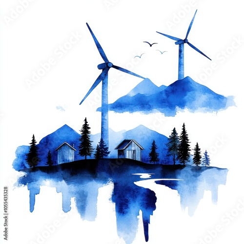 Blue Aquarelle Wind Turbines Embracing Eco Energy amidst Forest and Hills Crafted with Digital Airbrushing Style on White Background photo