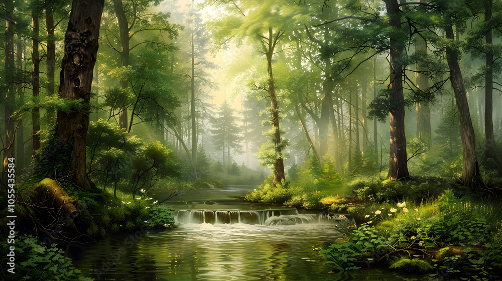 Obraz premium Tranquil Forest Stream with Sunlight Filtering Through the Canopy