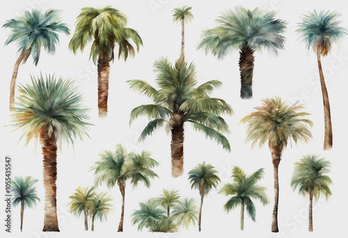 Set of various beautiful watercolour tropical palm trees isolated on transparent background