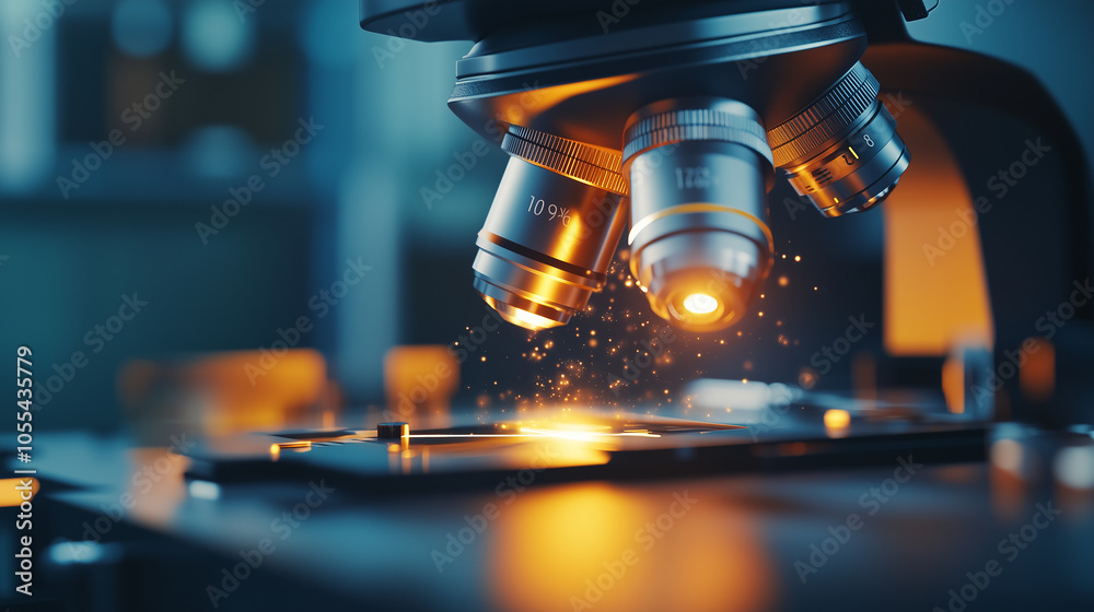 © Sawyer0 - Mikroskop, który skupia się na szkiełku z próbką biologiczną. Zbliżenie pokazuje detale próbki, które są niewidoczne gołym okiem.